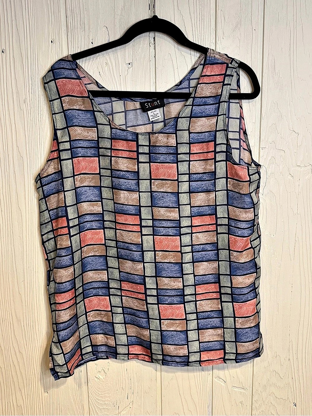 Stunt Geometric Silk Tank in Blue & Pink Large